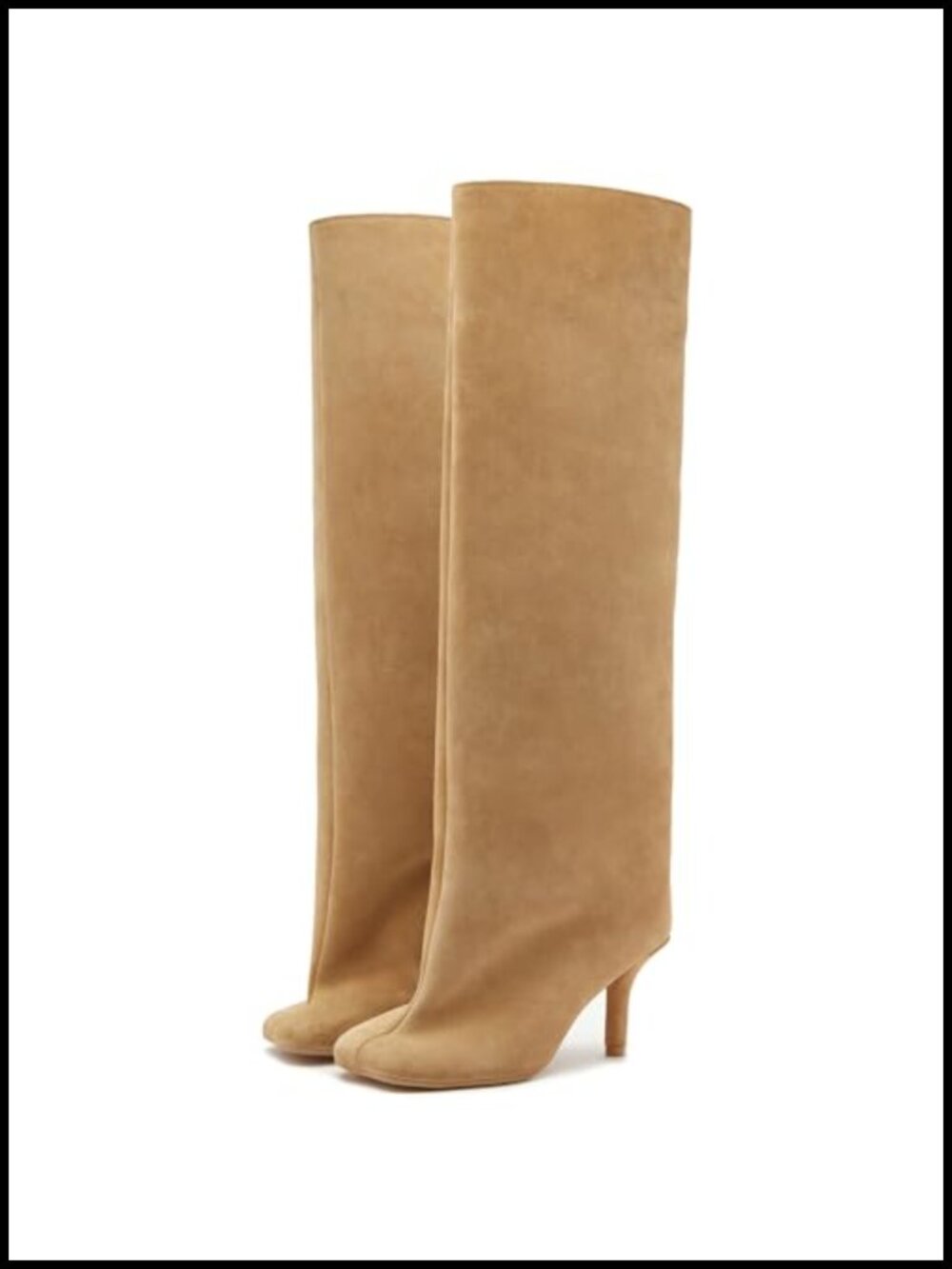 Women's Knee High Suede Boots Wide Calf Square Toe Stiletto Heel Pull On Tall